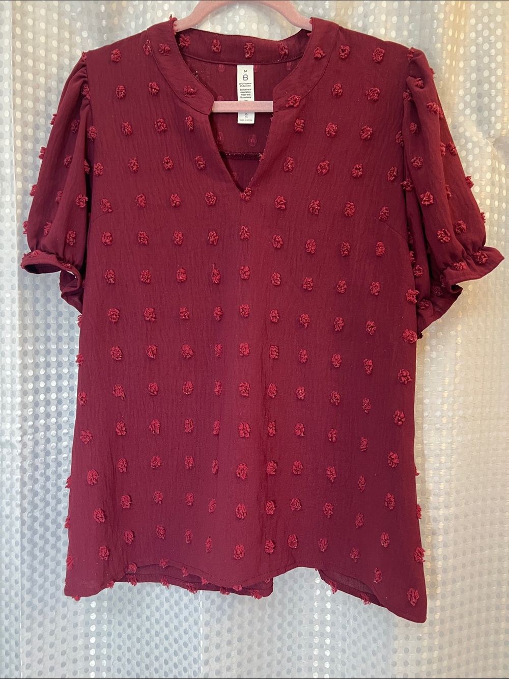 Flattering Burgundy Short-Sleeved Blouse w/Vee Collar & Poof Elasticized Sleeves